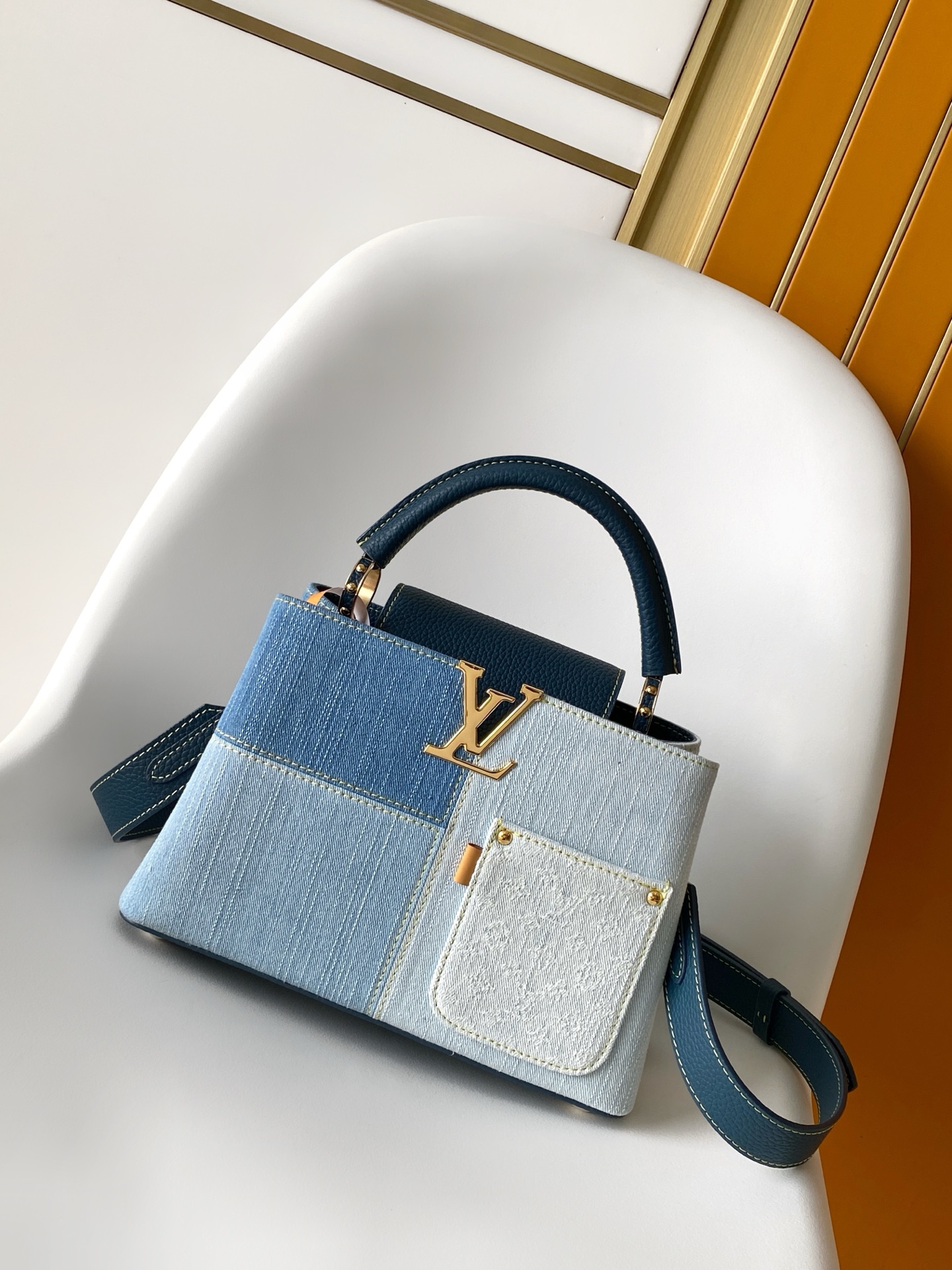 Louis Vuitton LV Classic Handbag Denim Padlock Detail Travel Ready Fashion Accessory